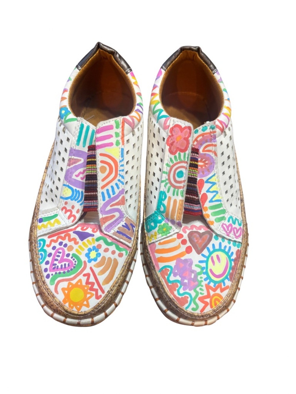 Hand-Painted White Perforated Doodled Women’s Slip-On Sneakers in Multicolor